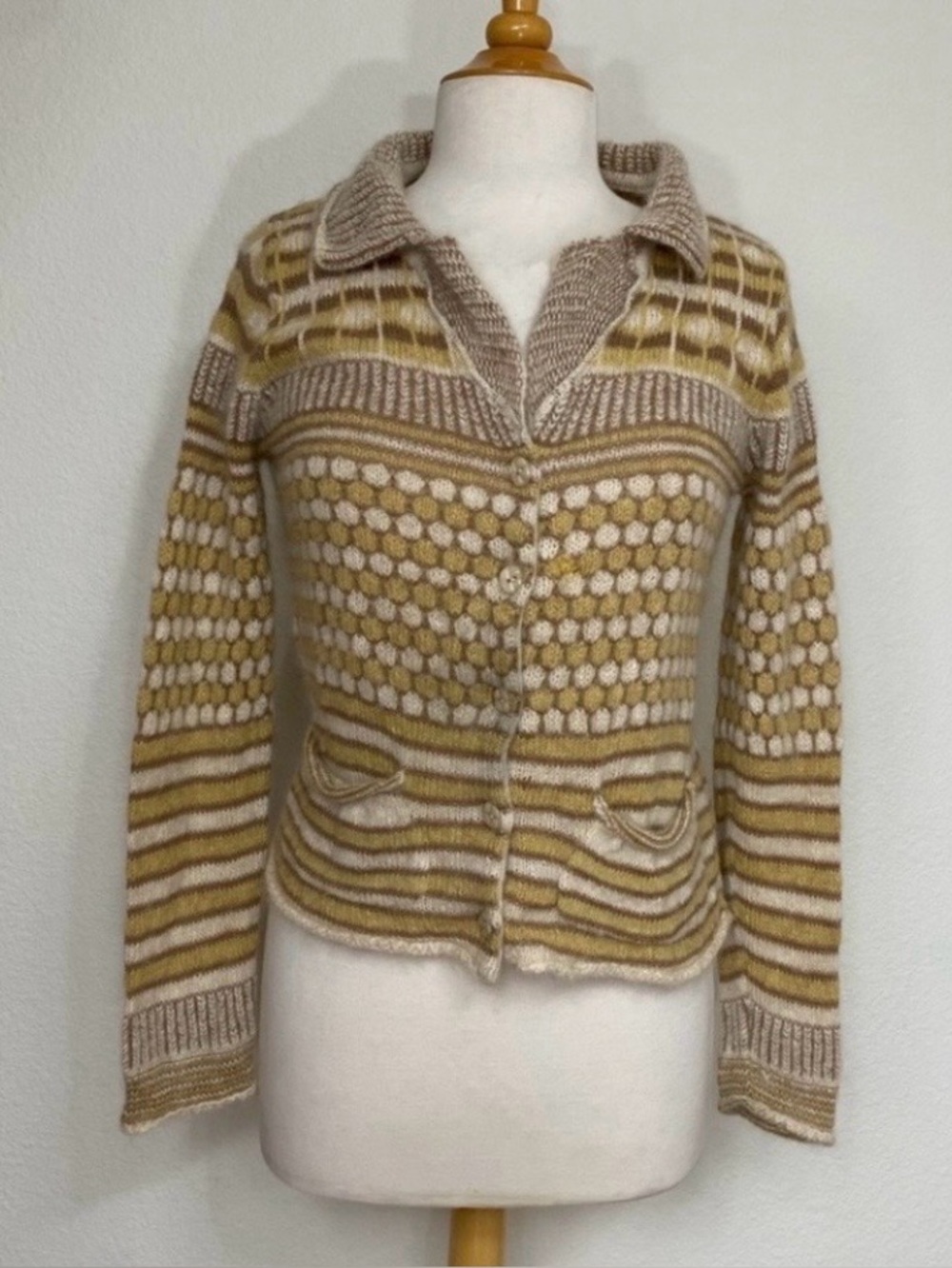 Sol Women's Golden Tan Honeycomb Stripe Alpaca Wool Button Knit Cardigan Size S